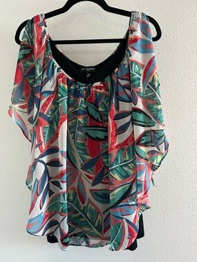 I.N. Studio Multicolor Tropical Leaf Flutter Sleeve Blouse